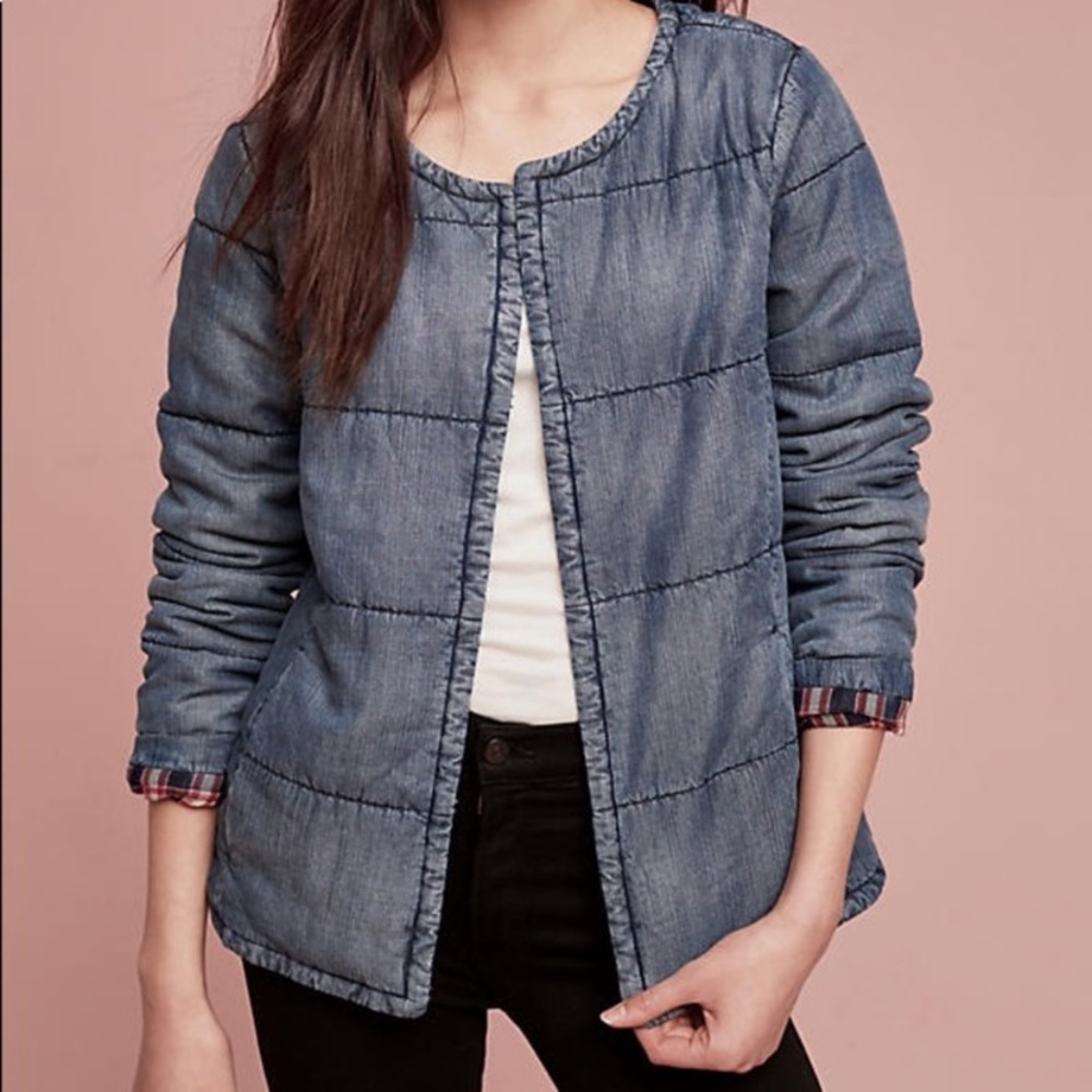 Anthropologie Cloth & Stone Chambray Quilted Plaid-Lined Car Coat
